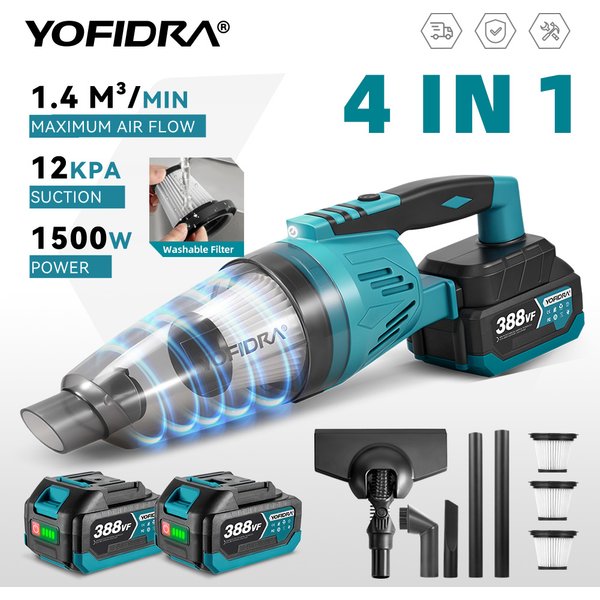 YOFIDRA 1500W 4-in-1 Elektrischer Staubsauger 12KPA Kabelloser Staubsauger für Haus- und Autoreinigung mit 3 Filtern für Makita-Akku