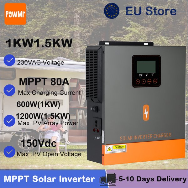 PowMr – hybrydowy falownik solarny 1 kW, 1,5 kW, przetwornica prądu stałego 12 V/24 V na prąd zmienny 230 V, z kontrolerem ładowania solarnego 80 A, generujący czystą falę sinusoidalną, przeznaczony