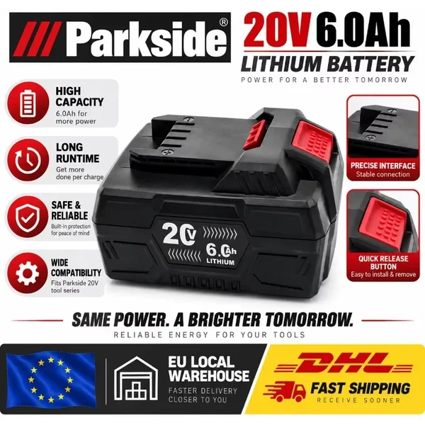 Für den Parkside 20V 6,0Ah Lithium-Akku: Längere Laufzeit und mehr Möglichkeiten für Ihre kabellosen Parkside-Elektrowerkzeuge.