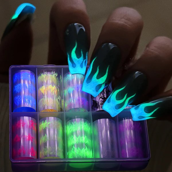 10 Roll/Box Fluorescent Fire Flame Nails Manicure Foils Neon Spark Design Transfer Stickers Halloween Series Starry Parper Decor