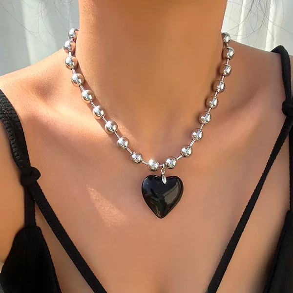 Collier pendentif grand coeur d'amour pour femme, 3 couleurs, goth, perles rondes, bijoux, accessoires, steampunk, joygrunge, y2k, chimpunk