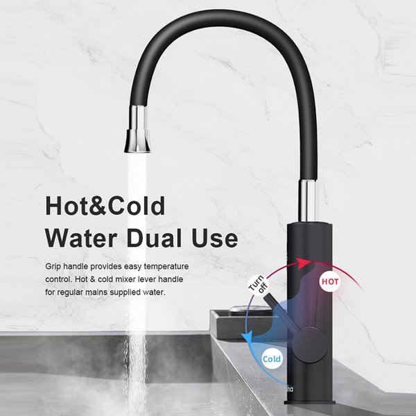 Chauffe-eau électrique Briwellna 220V 2-en-1 avec robinet de cuisine sans réservoir noir et bec universel
