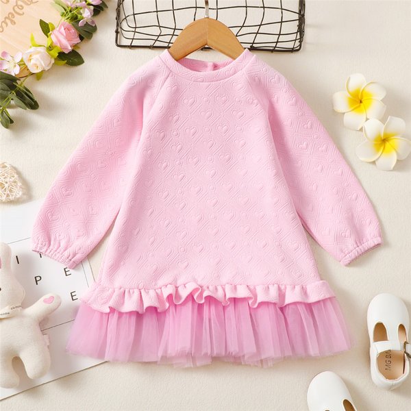 1-6 Jahre Kinder Mädchen Geprägte Herzen Herbst Winter Langarm Kleid Rosa Patchwork Mesh Prinzessin Kleid Geburtstag Party Outfit