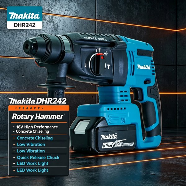 Original Makita DHR242 DHR242Z 18V Bohrhammer, 13,5 m/s² kontrollierter Vibrationswert, gut ausbalancierter Körper ermöglicht komfortables Handling bei langen, ununterbrochenen Bohrarbeiten.