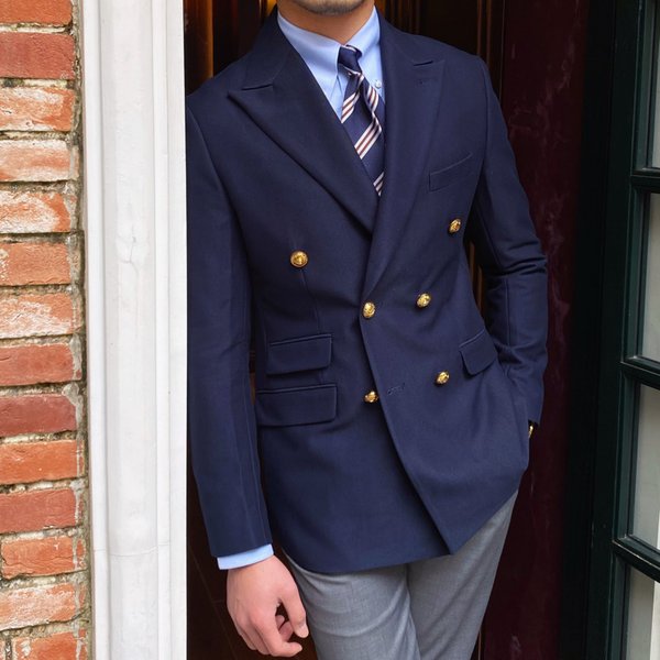 Veste de costume formelle pour hommes, coupe cintrée, bleu marine/marron, manches longues, revers, Double boutonnage, manteau d'affaires, veste de travail et de bureau