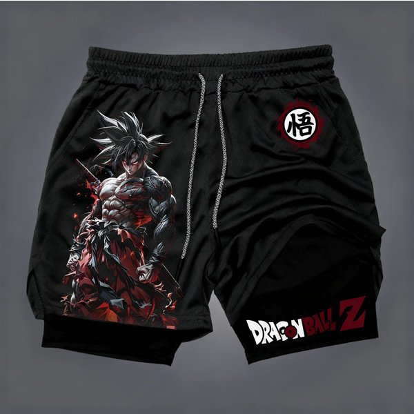 Męskie dwuwarstwowe spodenki Dragon Ball Son Goku, letnie, inspirowane japońskim anime, imitacja dwuczęściowych, sportowe, fitness, szybkoschnące.