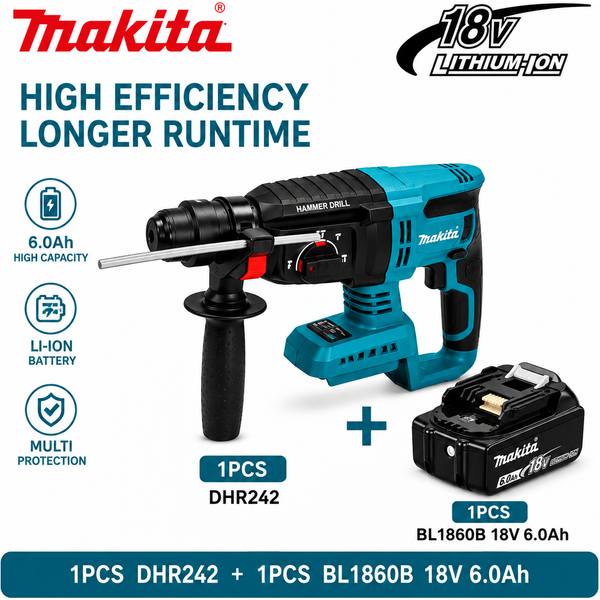 Makita Bürstenloser Elektrischer Bohrhammer DHR242 Akku 26mm Kabelloser Multifunktionaler Schlagbohrer Elektrowerkzeug für Makita Akku