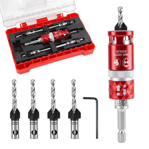 LOZLIN 5-teiliges Senkbohrer-Set mit einstellbarem Tiefenanschlag, HSS M2 konische Bohrer, 1/4 Zoll Sechskantschaft für Holzbearbeitungswerkzeuge