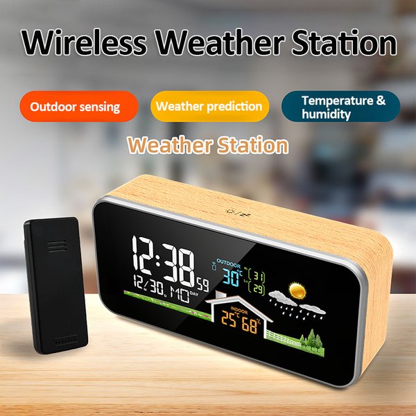Station météo sans fil, réveil en bois, thermomètre numérique, humidité, température, capteur sans fil, montre de bureau pour la maison