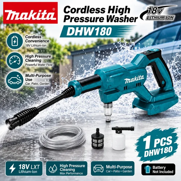 Nettoyeur haute pression sans fil portable Makita DHW180, nettoyeur puissant à jet d'eau sans fil 18V pour lavage de voiture, irrigation de jardin, terrasse, nettoyage de sols extérieurs et de