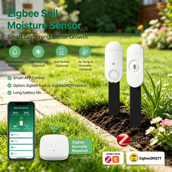 Arbeiten Sie mit der Tuya Smart Life APP, einem Zigbee-Bodensensor zur Messung von Feuchtigkeit, Temperatur, Luftfeuchtigkeit und Licht, einem intelligenten Überwachungsgerät für den Garten,