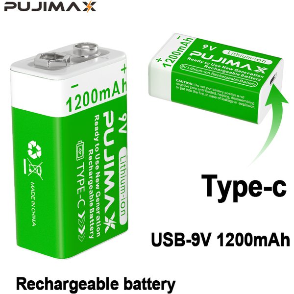 PUJIMAX 9v 1200mAh Akumulator litowo-jonowy o dużej pojemności z kablem USB-C do zabawek, pilotów i aparatów fotograficznych