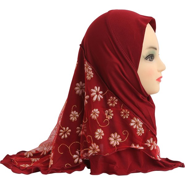 H043 Hijab pour petite fille avec fleur en résille, joli hijab, chapeaux et bonnets adaptés aux filles de 2 à 5 ans, foulard musulman pour bébé