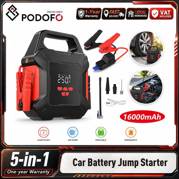 Podofo Wielofunkcyjny Rozruchowywacz Samochodowy z Pompką Powietrza, Przenośny Booster Akumulatora Samochodowego z Inflatorami do Opon, 150PSI, Ekran LED, Awaryjny Power Bank z Inteligentnymi Klipsami