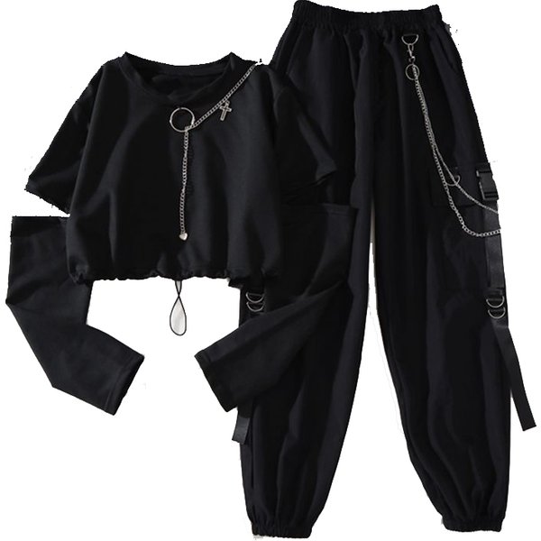 Pantalon Cargo Harajuku pour femmes, beau costume deux pièces Cool avec chaîne, manches longues + pantalon à ruban, printemps automne