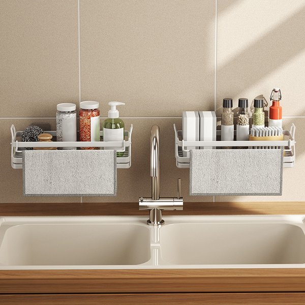 Küchenspüle-Schwammhalter mit abnehmbarem Abflussschale, Seifenspender, Caddy-Organizer für Geschirrtuch, Spülbeckenstopper, Bürsten