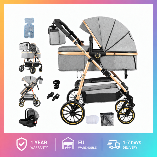 Poussette bébé convertible 3 en 1, système de voyage portable, landau pour nourrisson avec siège auto amovible, panier de couchage, poussette légère et facile à plier, housse de pluie, moustiquaire,