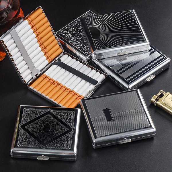 1pc Engraved Silver Portable Metal Cigarette Case for 20 Cigars Flip Open Storage Box Holder Travel Outdoor Smoking Tools