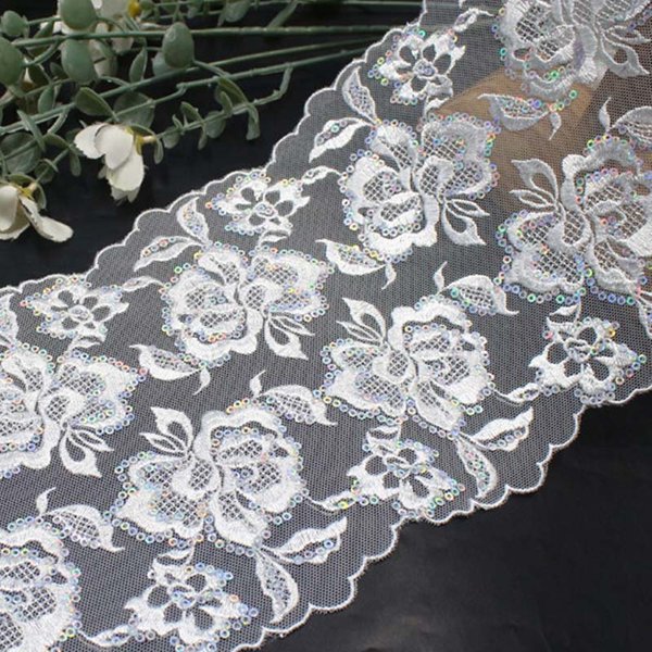 15 Yards Exquisite Pailletten-Doppelseitige Weiße Netz-Stickerei-Spitze, DIY Handgemachtes Lingerie-Zubehör, BH-Rock-Spitze