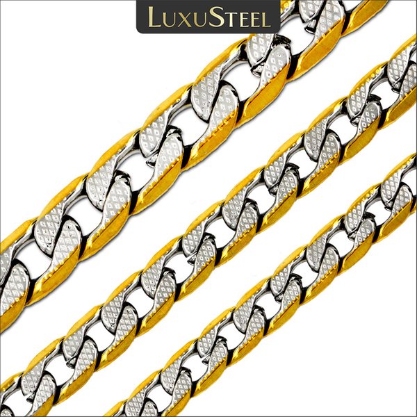 LUXUSTEEL Kubanische Kette Halskette für Männer Frauen Vergoldet Gemischt Silber Farbe Edelstahl Muster Panzergliederkette Männlicher Kragen
