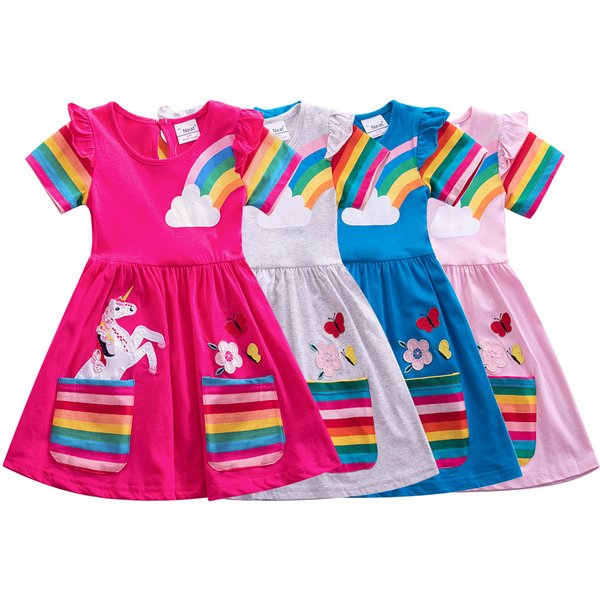 Robe licorne à manches courtes pour filles, nouvelle collection d'été brodée à deux poches, manches arc-en-ciel, SH81035