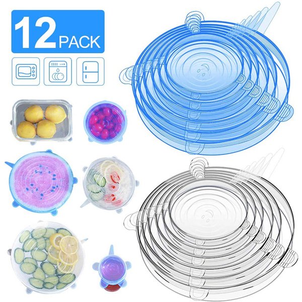 LMETJMA 6/12PCS Reusable Silicone Stretch Lids Kitchen Fresh Keeping Covers Compression Universal Silicone Stretch Lids KC0338