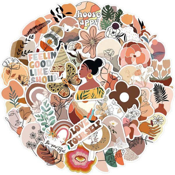50pcs Aesthetic Vintage Bohemian Stickers Retro Boho Art Decals Phone Laptop Notebook Stationary Scrapbooking Case Toy Gift