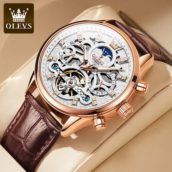 OLEVS 6658 montre pour hommes bracelet en cuir d'affaires Reloj évider mécanique automatique montre-bracelet étanche montre lumineuse pour homme