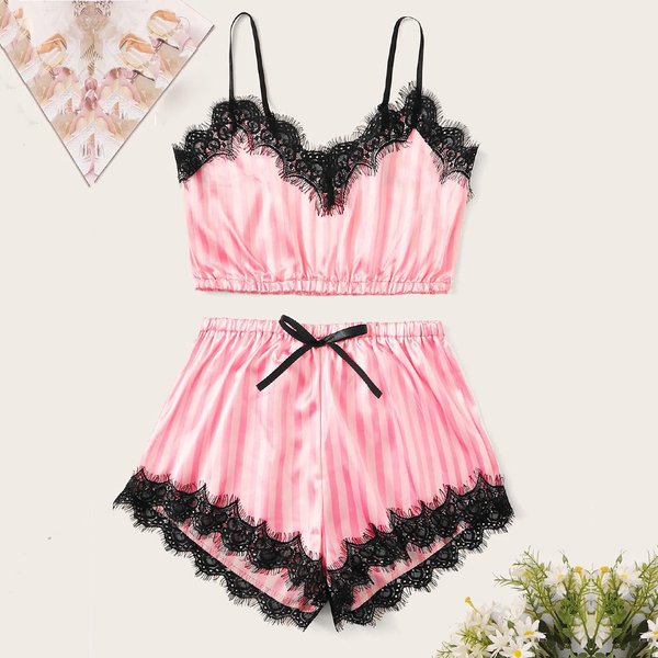Ensemble pyjama en Satin de soie pour femmes, vêtements de nuit Sexy en dentelle, col en v, sans manches, vêtements de maison en fausse soie, vêtements de nuit rayés roses, été