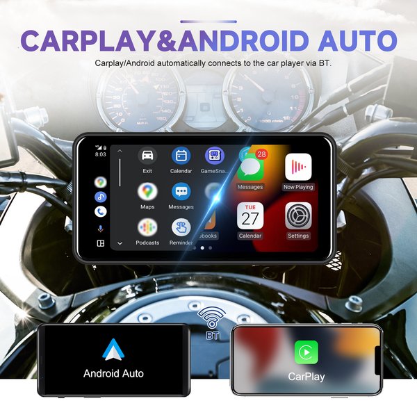 Podofo Motorcycle Dashboard 6.25" Ip68 Waterproof Motorcycle GPS Navigation Wireless CarPlay & Android Auto Touch Screen DVR Recorder for Moto