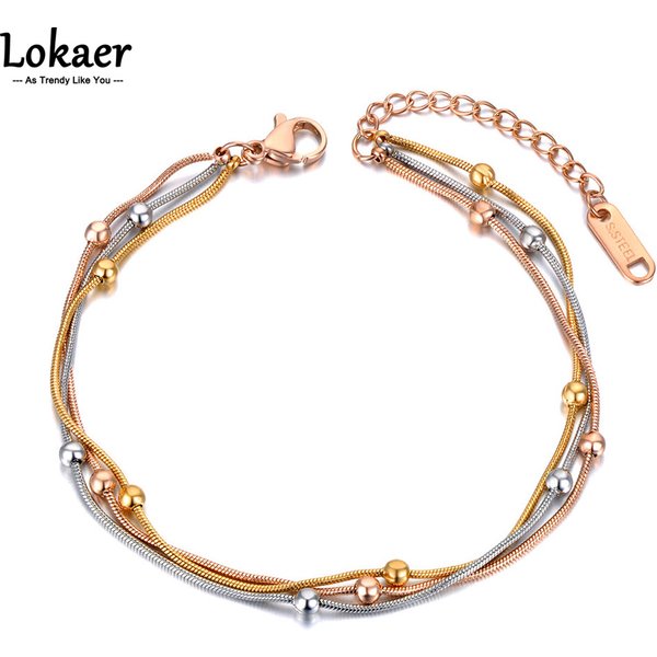 Lokaer Titanium Stainless Steel Three Gold Color Bracelet Fashion Bohemia Three Layers Beaded Chain Bracelet For Women B21082