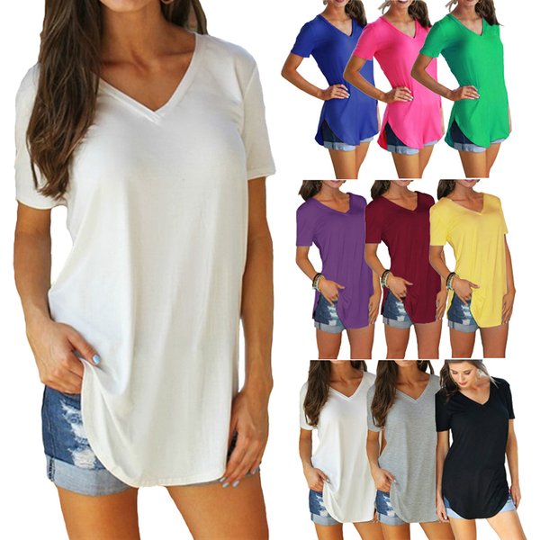 Chemisier d'été de couleur unie, col en v, manches courtes, T-shirt ample, ourlet arc, vêtements pour femmes