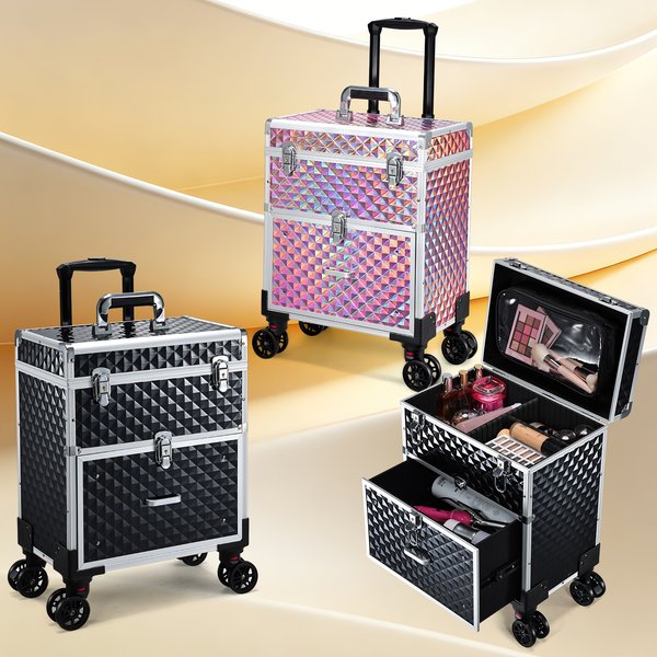 Mallette de maquillage professionnelle à roulettes, chariot avec tiroir, mallette de rangement pour cosmétiques, grande mallette de cosmétologie, sac détachable