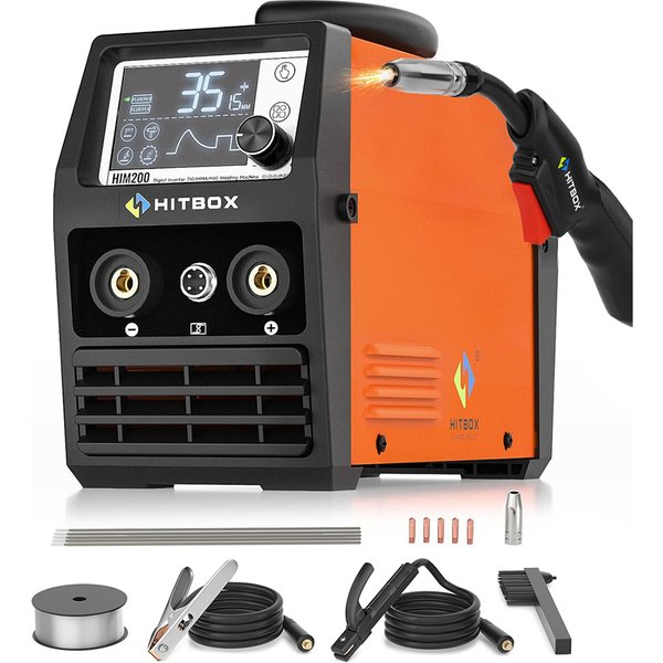 HITBOX 200A Gasfreies MIG-Schweißgerät 4-in-1: Fülldraht-MIG/ARC/Lift-TIG/Spool-Gun-Schweißer HIM200 220V Tragbares IGBT-Inverter-Schweißgerät für 0,6/0,8/0,9/1mm Fülldrähte