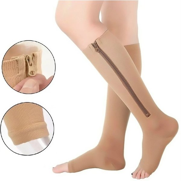 Chaussettes de Compression pour hommes et femmes, soutien du genou, fermeture éclair, bout ouvert, fines, Anti-Fatigue, extensibles, hautes, unisexes