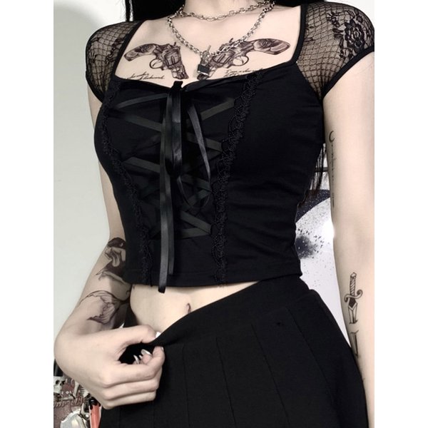 Vintage Tops Goth T-shirt Women Bodycon Bandage Lace Black T-shirts Gothic Streetwear Sexy Female Top Casual Mesh Tee