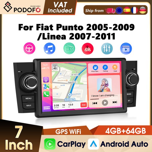 Podofo 1Din Android 4+64G Autoradio für FIAT Punto 05-09/Linea 07-11 Carplay Android Auto GPS WIFI Mirror Link Auto-Audio-Stereoanlage