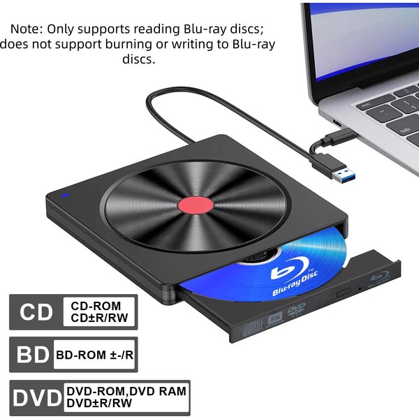 Externes Blu-ray-Laufwerk, USB 3.0- und Typ-C-BD-Lesegerät, DVD/CD-Brenner – tragbarer Blu-ray-Player für Laptop-PC, Windows/Linux/Mac OS