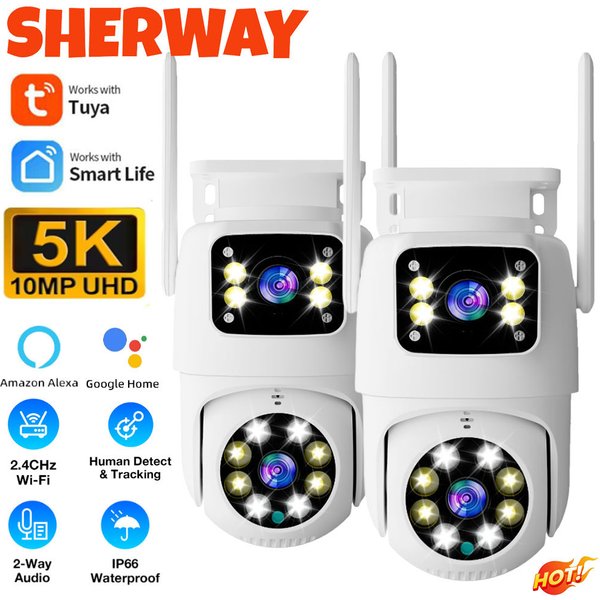 2PC 4K Tuya Dual Len PTZ Wifi Camera Outdoor Full HD 10MP Dual Screen Security Surveillance AI Auto Tracking Alexa Google Camera