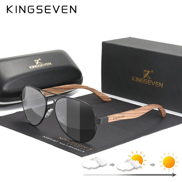 KINGSEVEN Nouvelles Lunettes de Soleil Photochromiques Pilote Homme Polarisées UV400 Tendance Rétro en Bois Miroir Lunettes de Soleil en Bois pour la Conduite