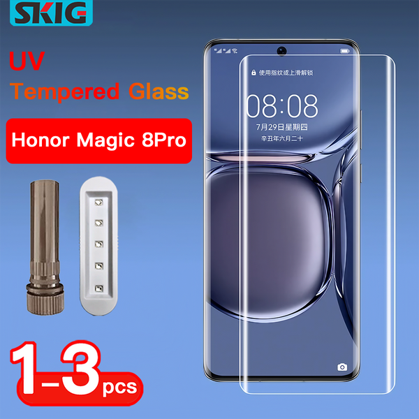 1-3 SZT. Szkło Hartowane UV do Honor Magic 8 7 6 5 4 3 Pro Pełne Pokrycie Klej Utrwalany na Światło UV Ochraniacz Ekranu
