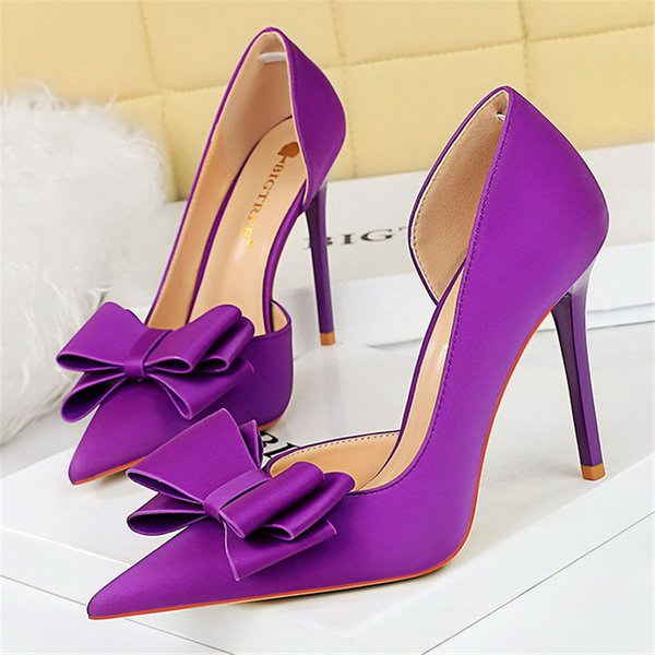 Frauen 10,5 cm High Heels Satin Seide Schmetterling Knoten Lila Pumps Dame Hochzeit Braut Escarpin Blau Grün Pfirsich Mode Party schuhe