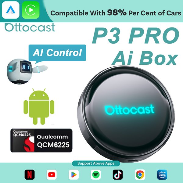 OTTOCAST P3 Pro Ai Box sans fil Carplay Android Auto adaptateur Ai voix QCM 6225 boîte vidéo pour Benz Audi Kia Hyundai VW Toyota
