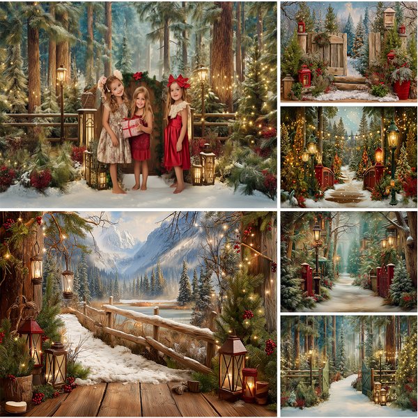 Weihnachten verschneite Wald Eingang Kulissen Kinder Baby Fotografie Wunderland Weihnachtsbäume Cottage Pine Trees Village Hintergrund