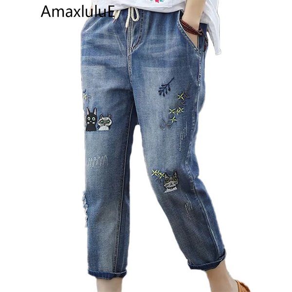 Amax luluE 2025 Fashion Summer Streetwear Denim Trousers Ladies Vintage Elastic Jeans Womens Casual Loose Embroidery Harem Pants