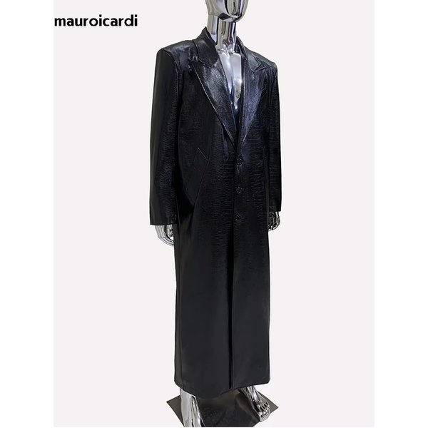 Mauroicardi-Manteau en cuir PU imprimé crocodile pour homme, manteau à simple boutonnage, mode européenne, maxi noir, créateur de luxe, printemps et automne