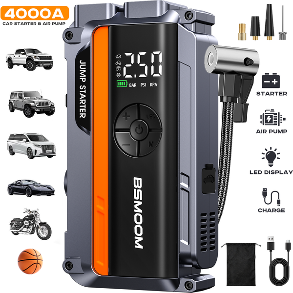4000A 21800mAh Auto-Starthilfe - Geeignet für Alle Benzin- und Dieselmotoren unter 10,0L. Tragbare 12V Starthilfe-Box mit Akkupack, Reifenfüller, USB-Anschluss, LCD-Display und LED-Licht.