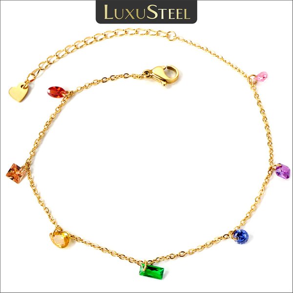 LUXUSTEEL Boho Sweet Colorful Cubic Zircon Anklets Stainless Steel Geometric Crystal Ankle Bracelet Women's Sandals Summer 2023