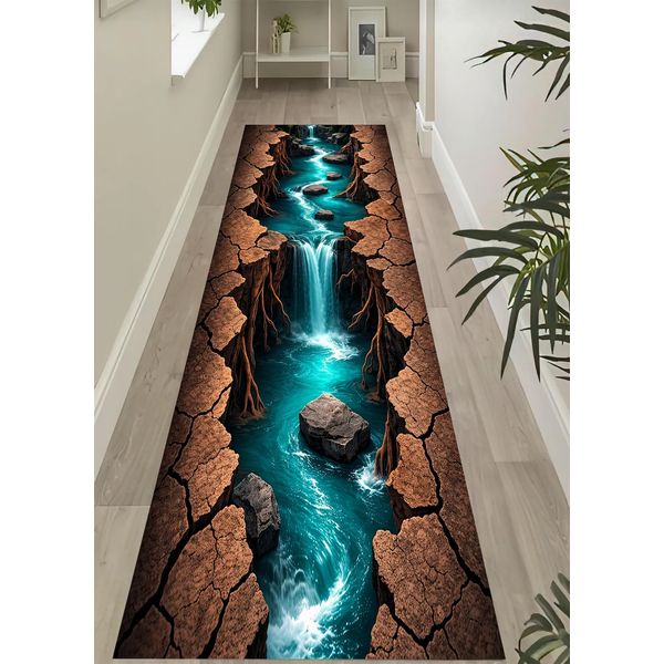 3D-Illusions-Teppich Abyss Runner, Rutschfest, Kreative Wasserfall-Kanal-Bodenmatte, Waschbar, Realistischer Dekorativer Teppich für Flurdekoration