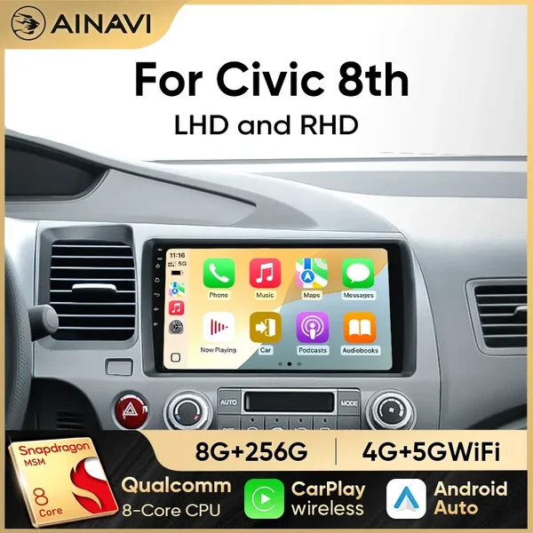 Ainavi Car Stereo Radio for Honda Civic 8th 8Gen 2005 2006 2007 2008 2009 2010 2011 Multimedia Wireless CarPlay Android Auto